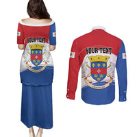 Personalised Saint Barthelemy Couples Matching Puletasi and Long Sleeve Button Shirt Ouanalao Coat of Arms