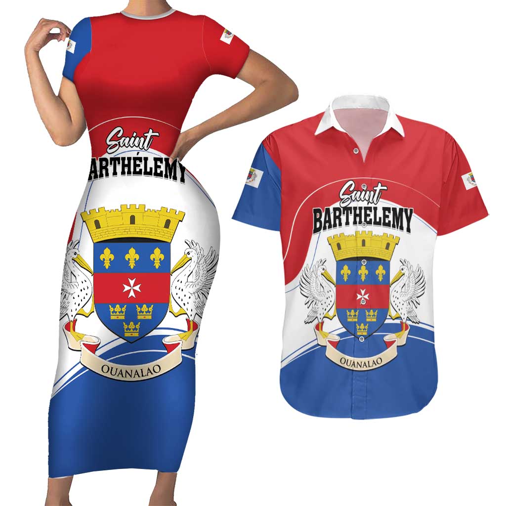 Personalised Saint Barthelemy Couples Matching Short Sleeve Bodycon Dress and Hawaiian Shirt Ouanalao Coat of Arms