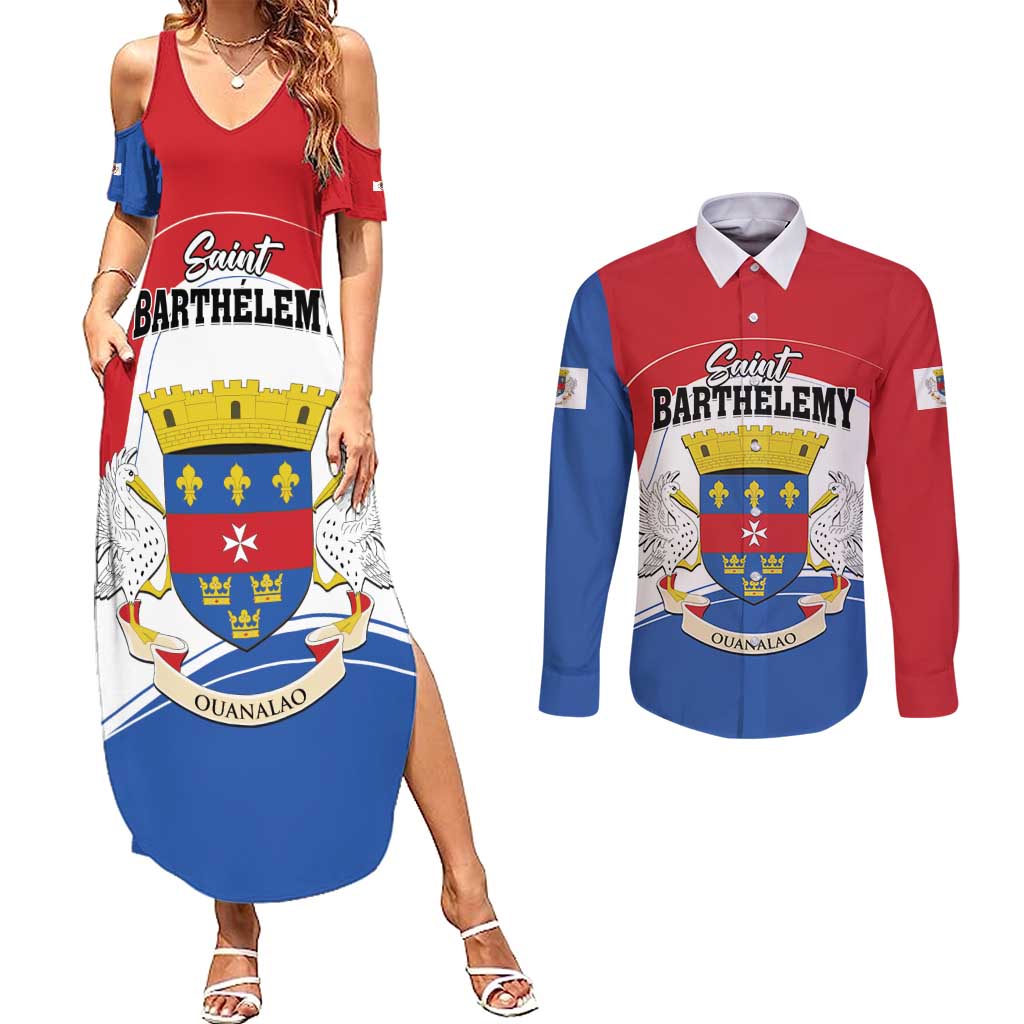 Personalised Saint Barthelemy Couples Matching Summer Maxi Dress and Long Sleeve Button Shirt Ouanalao Coat of Arms