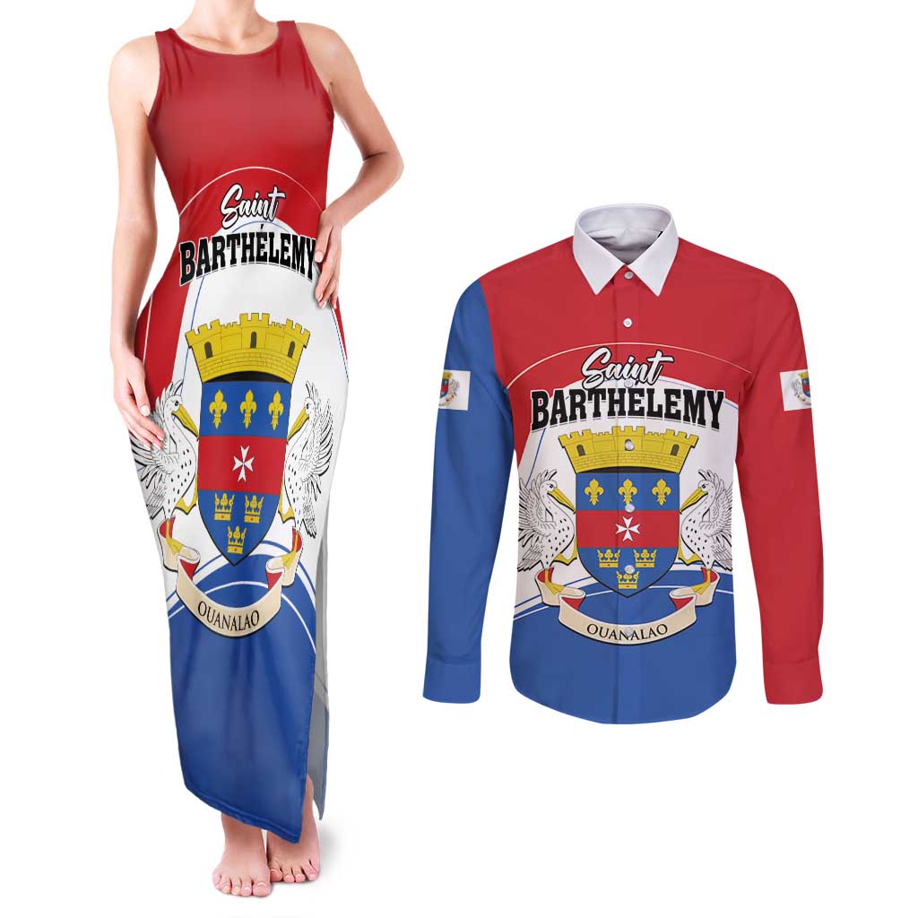 Personalised Saint Barthelemy Couples Matching Tank Maxi Dress and Long Sleeve Button Shirt Ouanalao Coat of Arms