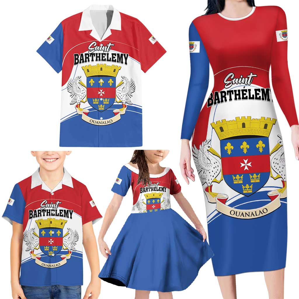 Personalised Saint Barthelemy Family Matching Long Sleeve Bodycon Dress and Hawaiian Shirt Ouanalao Coat of Arms