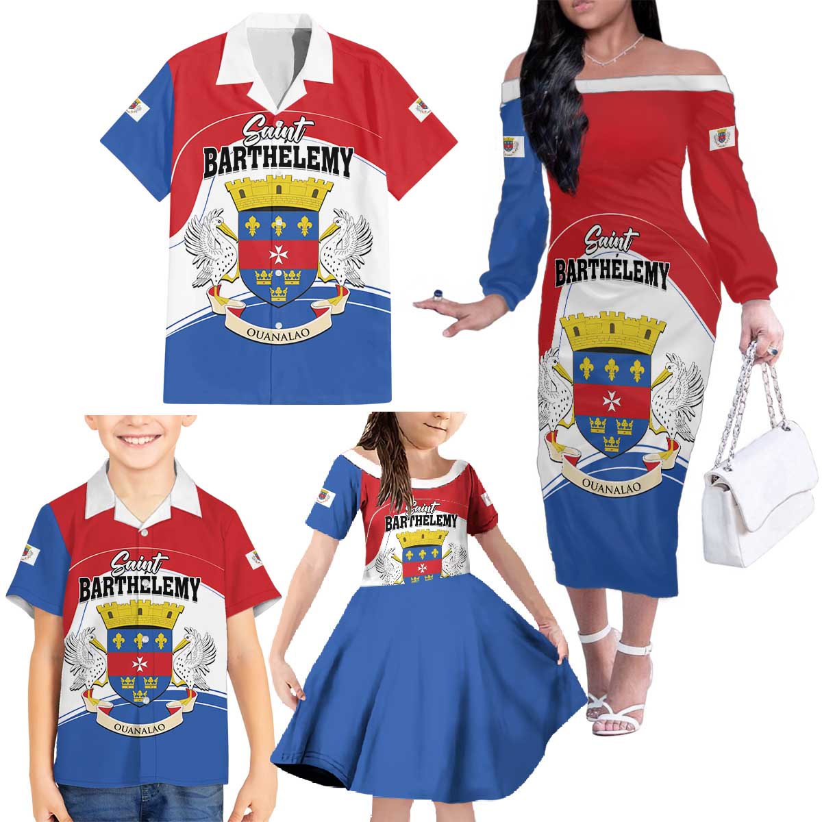 Personalised Saint Barthelemy Family Matching Off The Shoulder Long Sleeve Dress and Hawaiian Shirt Ouanalao Coat of Arms