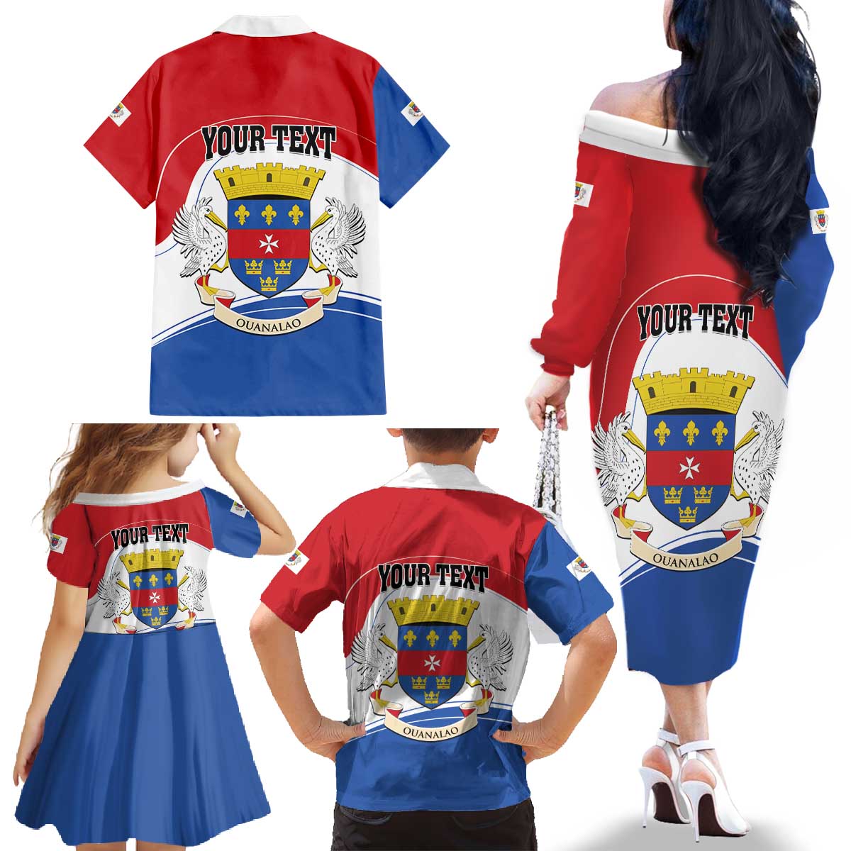 Personalised Saint Barthelemy Family Matching Off The Shoulder Long Sleeve Dress and Hawaiian Shirt Ouanalao Coat of Arms