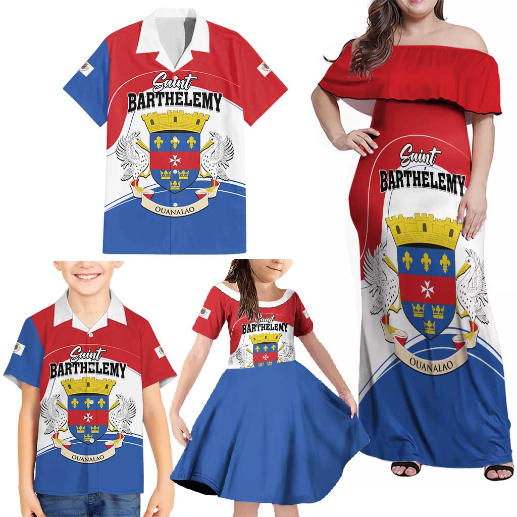 Personalised Saint Barthelemy Family Matching Off Shoulder Maxi Dress and Hawaiian Shirt Ouanalao Coat of Arms