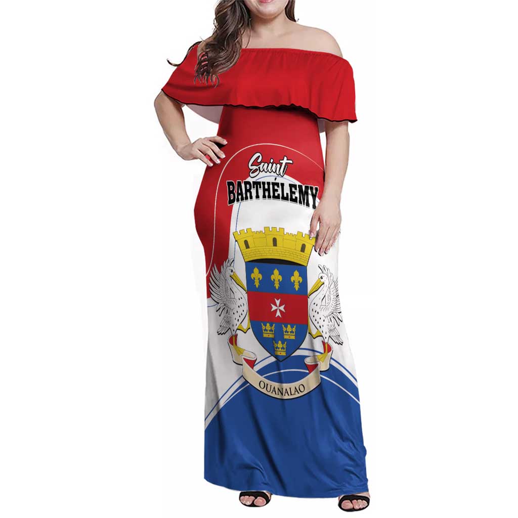 Personalised Saint Barthelemy Family Matching Off Shoulder Maxi Dress and Hawaiian Shirt Ouanalao Coat of Arms