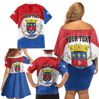 Personalised Saint Barthelemy Family Matching Off Shoulder Short Dress and Hawaiian Shirt Ouanalao Coat of Arms