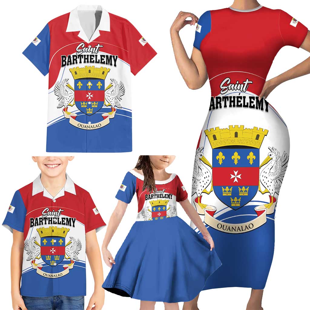 Personalised Saint Barthelemy Family Matching Short Sleeve Bodycon Dress and Hawaiian Shirt Ouanalao Coat of Arms