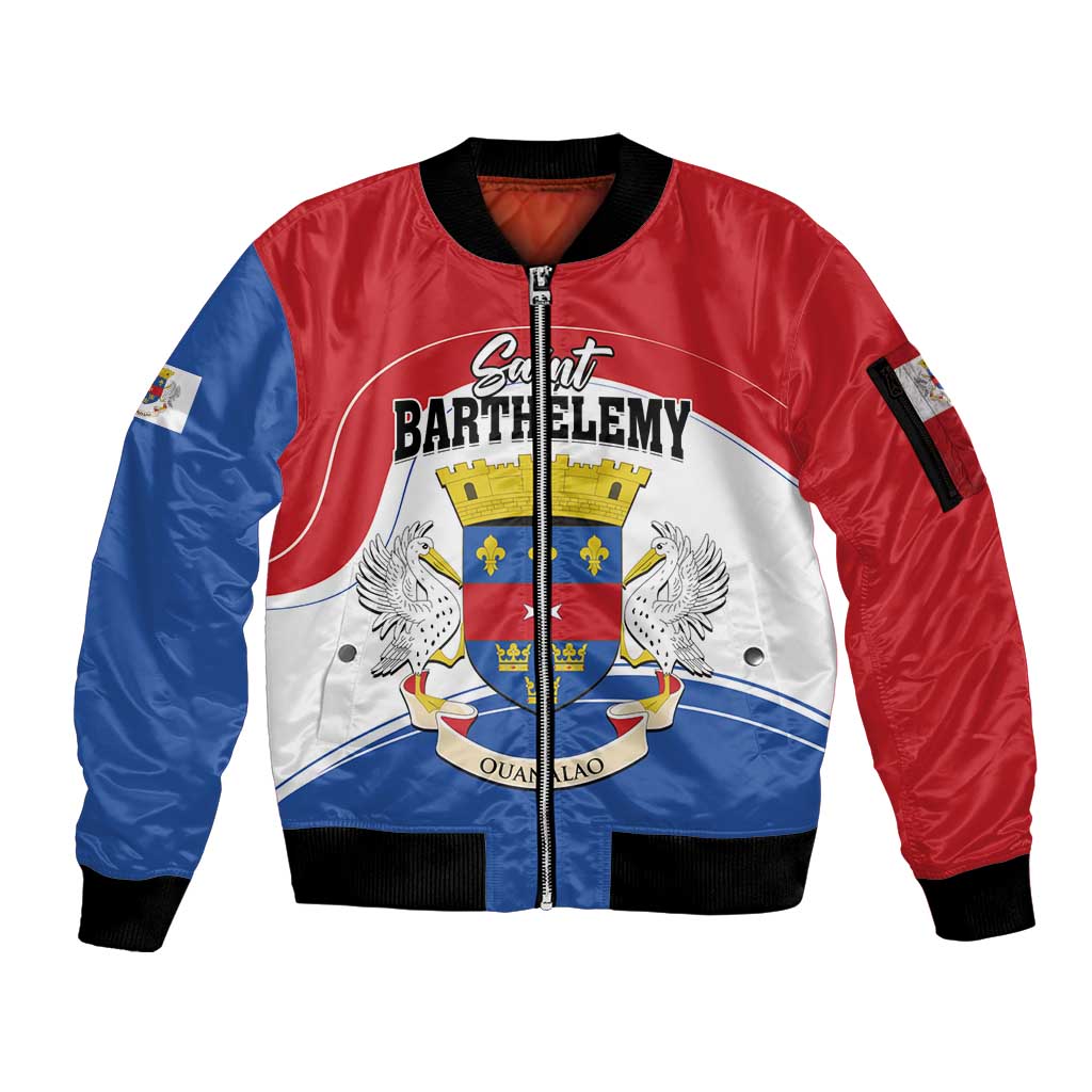 Personalised Saint Barthelemy Sleeve Zip Bomber Jacket Ouanalao Coat of Arms