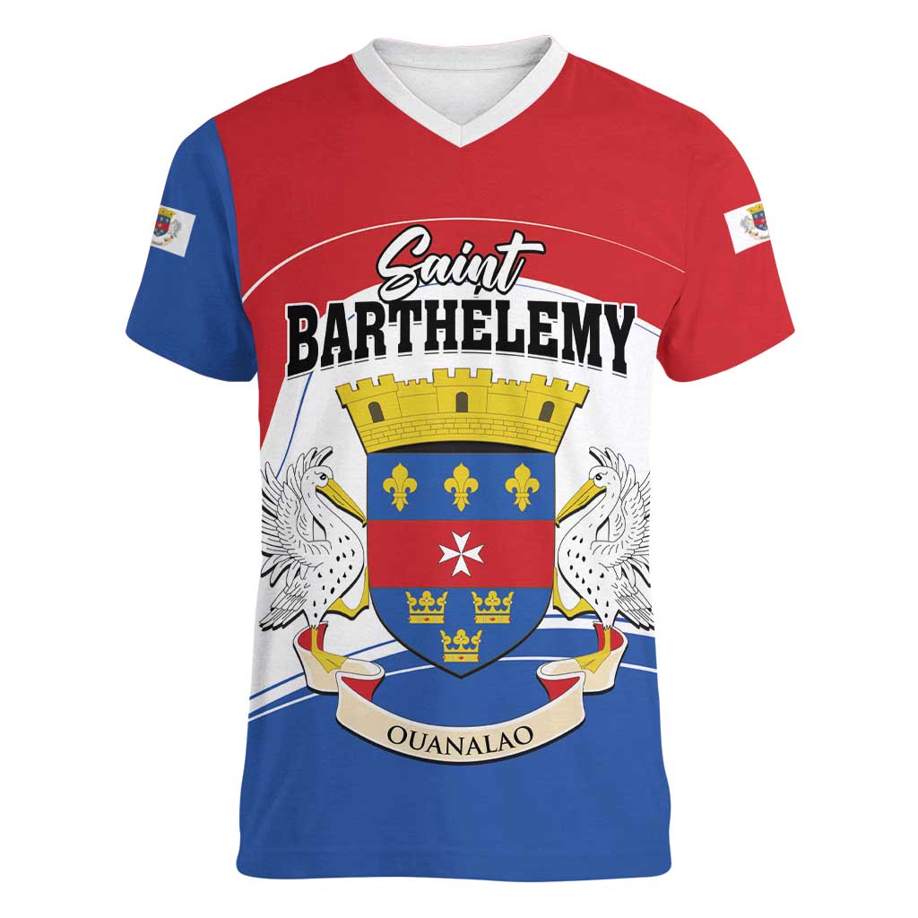 Personalised Saint Barthelemy Women V-Neck T-Shirt Ouanalao Coat of Arms