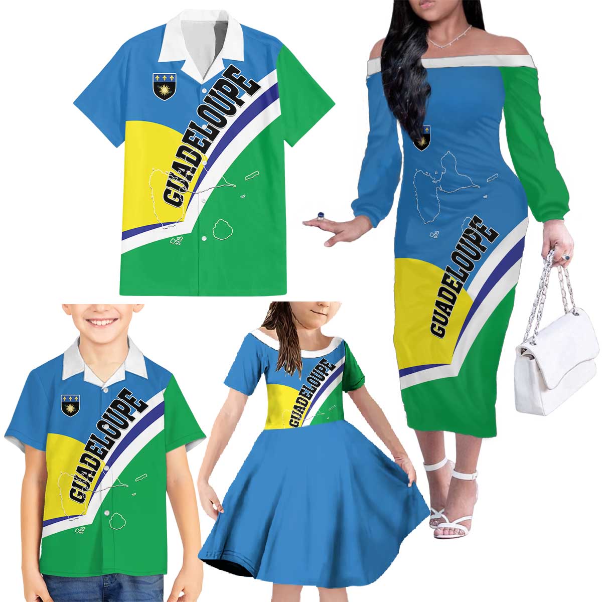 Personalised Guadeloupe Family Matching Off The Shoulder Long Sleeve Dress and Hawaiian Shirt Gwadloup Simple Style