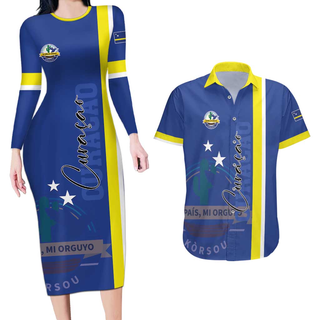 Personalised Curacao Couples Matching Long Sleeve Bodycon Dress and Hawaiian Shirt Pais Korsou Coat of Arms