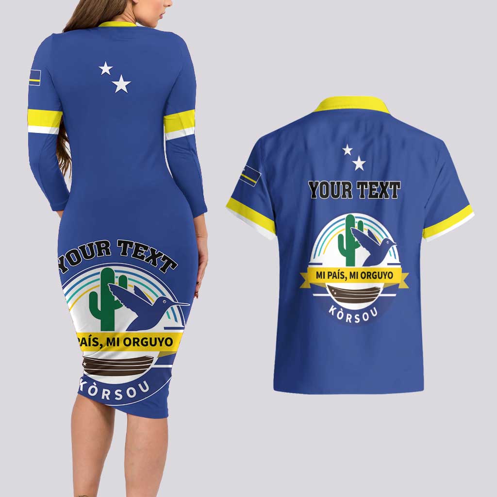 Personalised Curacao Couples Matching Long Sleeve Bodycon Dress and Hawaiian Shirt Pais Korsou Coat of Arms