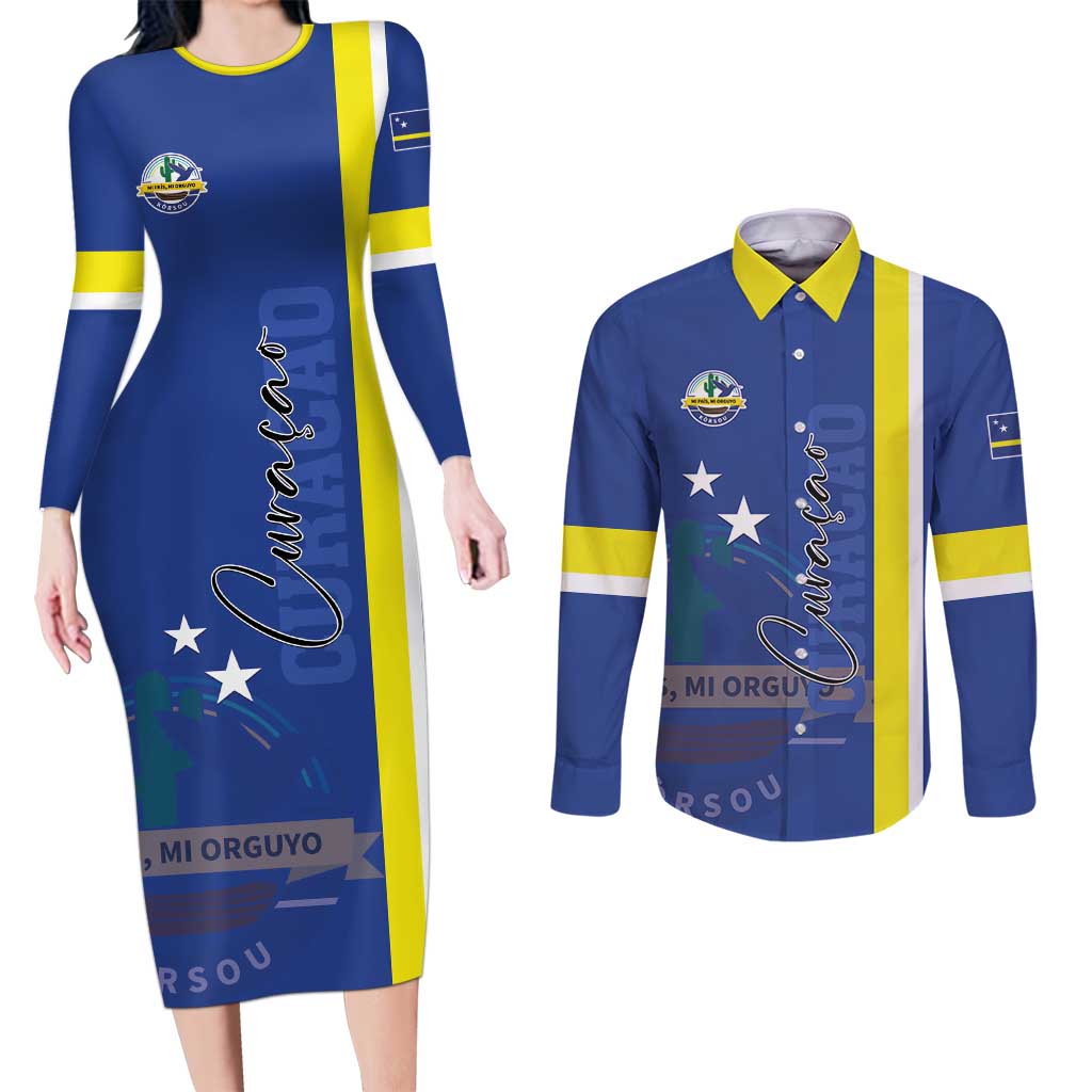 Personalised Curacao Couples Matching Long Sleeve Bodycon Dress and Long Sleeve Button Shirt Pais Korsou Coat of Arms