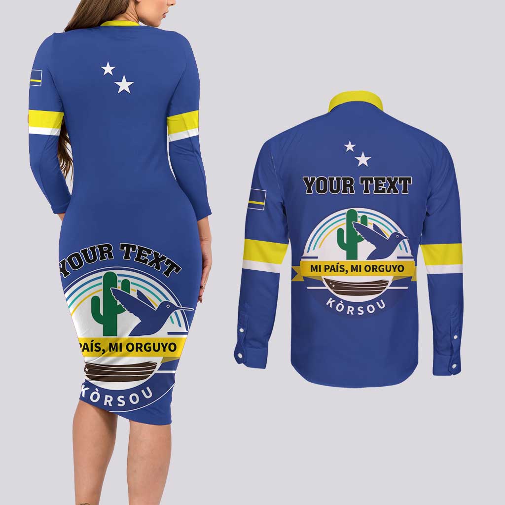 Personalised Curacao Couples Matching Long Sleeve Bodycon Dress and Long Sleeve Button Shirt Pais Korsou Coat of Arms