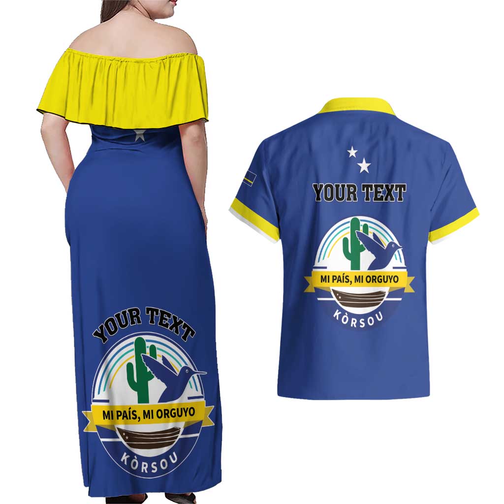 Personalised Curacao Couples Matching Off Shoulder Maxi Dress and Hawaiian Shirt Pais Korsou Coat of Arms