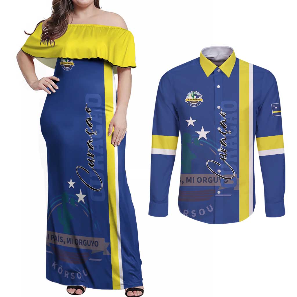 Personalised Curacao Couples Matching Off Shoulder Maxi Dress and Long Sleeve Button Shirt Pais Korsou Coat of Arms