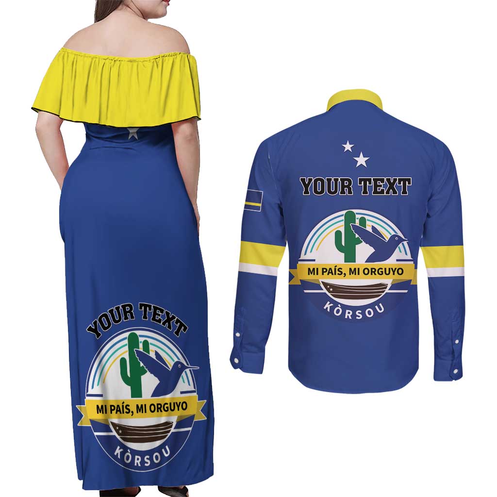 Personalised Curacao Couples Matching Off Shoulder Maxi Dress and Long Sleeve Button Shirt Pais Korsou Coat of Arms