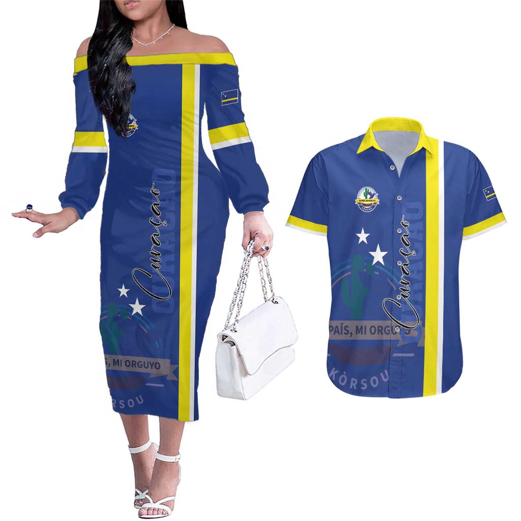 Personalised Curacao Couples Matching Off The Shoulder Long Sleeve Dress and Hawaiian Shirt Pais Korsou Coat of Arms