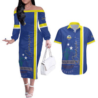 Personalised Curacao Couples Matching Off The Shoulder Long Sleeve Dress and Hawaiian Shirt Pais Korsou Coat of Arms