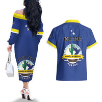 Personalised Curacao Couples Matching Off The Shoulder Long Sleeve Dress and Hawaiian Shirt Pais Korsou Coat of Arms