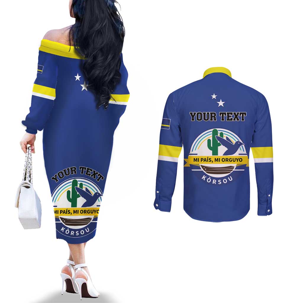 Personalised Curacao Couples Matching Off The Shoulder Long Sleeve Dress and Long Sleeve Button Shirt Pais Korsou Coat of Arms
