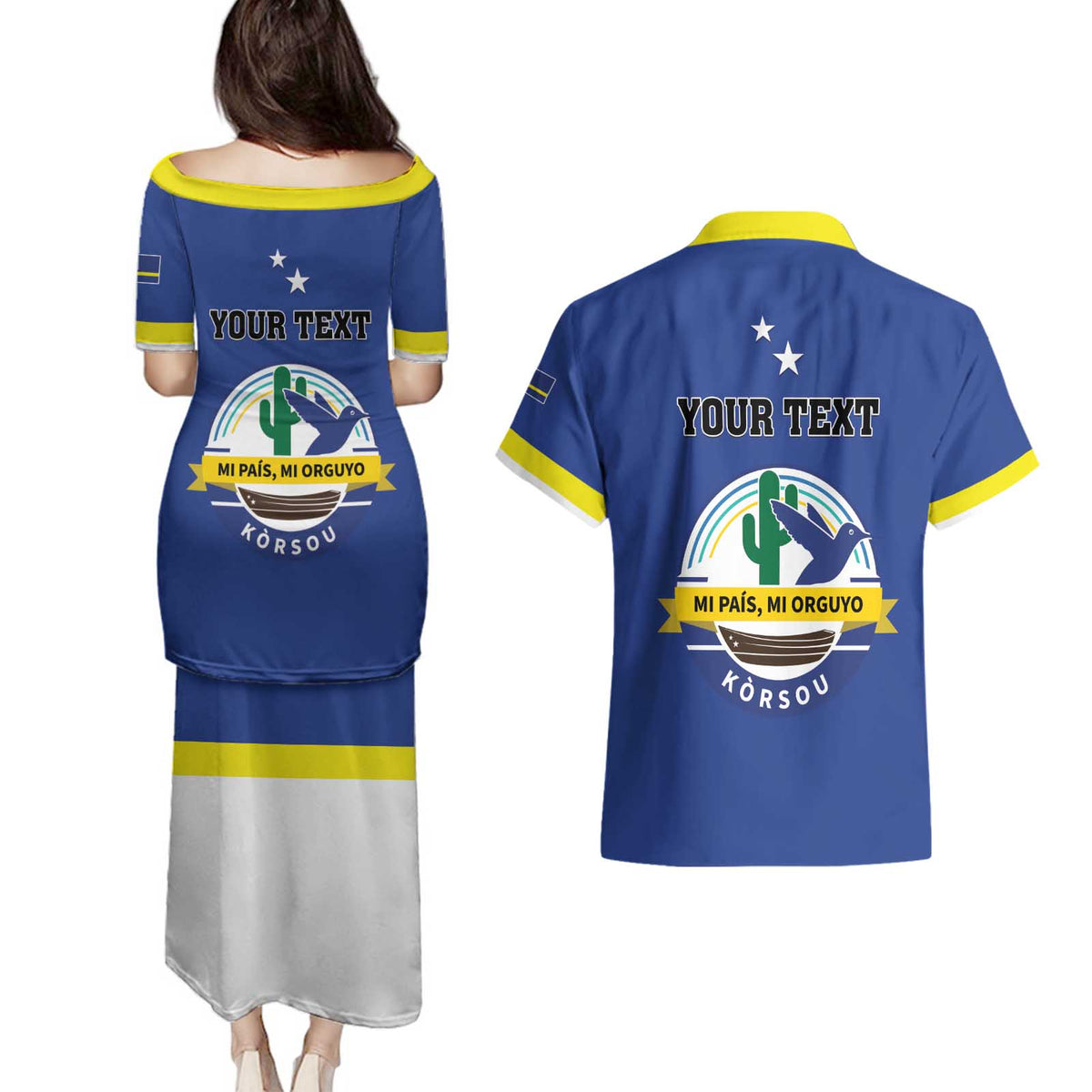 Personalised Curacao Couples Matching Puletasi and Hawaiian Shirt Pais Korsou Coat of Arms