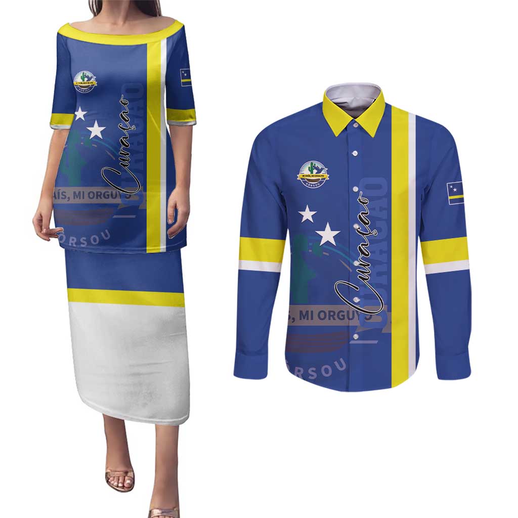 Personalised Curacao Couples Matching Puletasi and Long Sleeve Button Shirt Pais Korsou Coat of Arms