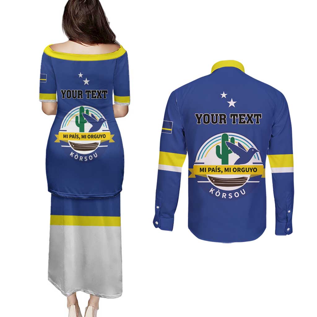 Personalised Curacao Couples Matching Puletasi and Long Sleeve Button Shirt Pais Korsou Coat of Arms