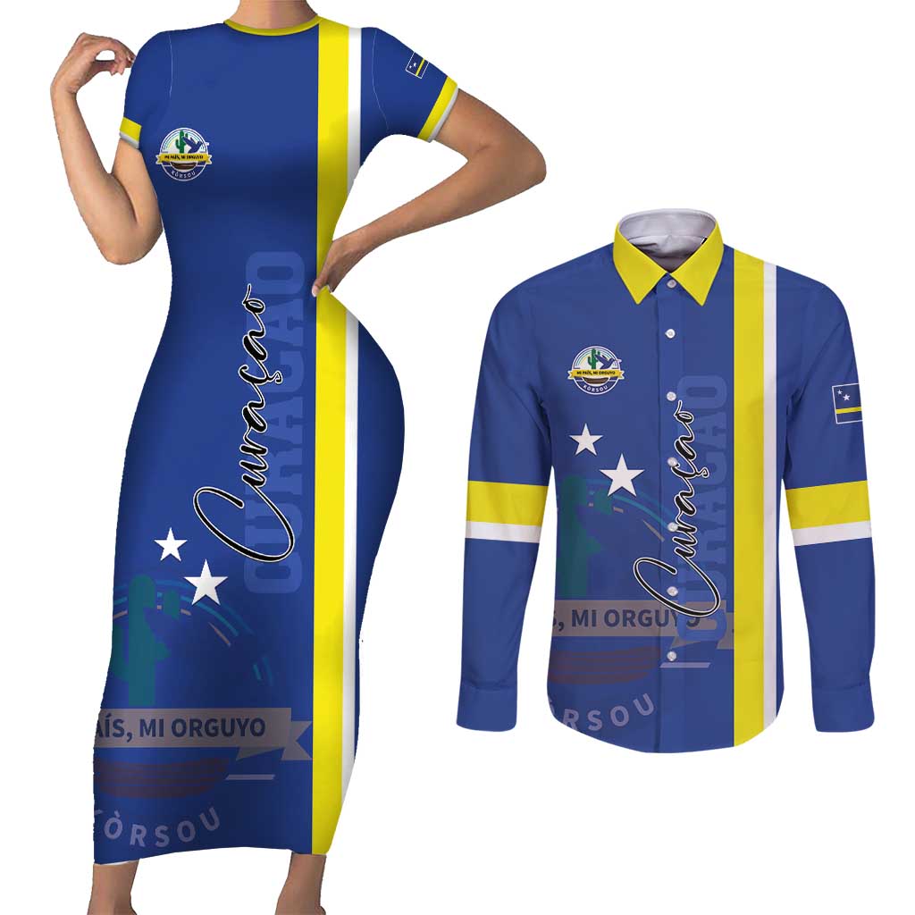 Personalised Curacao Couples Matching Short Sleeve Bodycon Dress and Long Sleeve Button Shirt Pais Korsou Coat of Arms