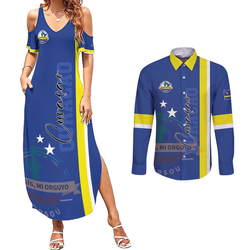 Personalised Curacao Couples Matching Summer Maxi Dress and Long Sleeve Button Shirt Pais Korsou Coat of Arms