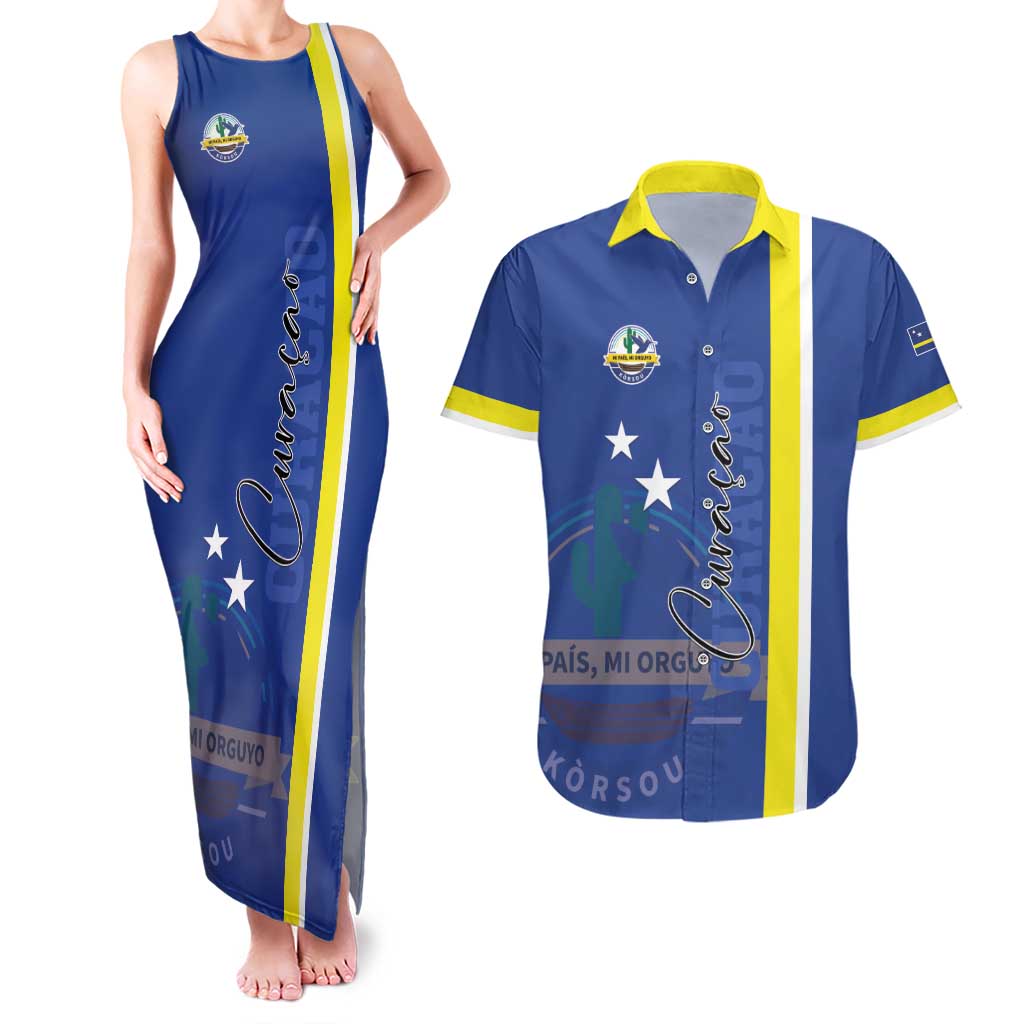 Personalised Curacao Couples Matching Tank Maxi Dress and Hawaiian Shirt Pais Korsou Coat of Arms