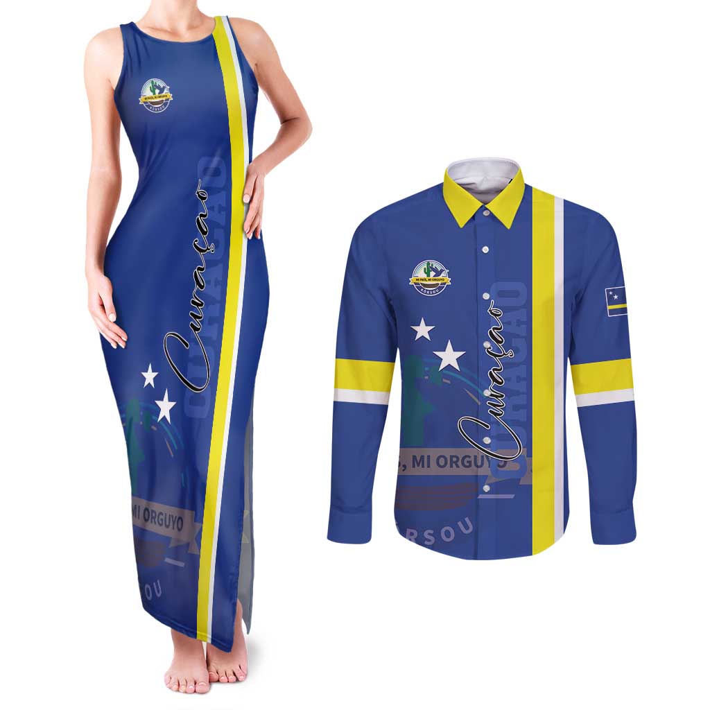 Personalised Curacao Couples Matching Tank Maxi Dress and Long Sleeve Button Shirt Pais Korsou Coat of Arms