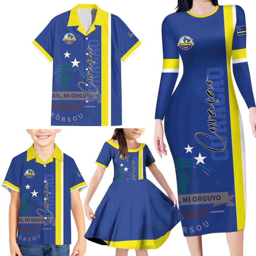 Personalised Curacao Family Matching Long Sleeve Bodycon Dress and Hawaiian Shirt Pais Korsou Coat of Arms