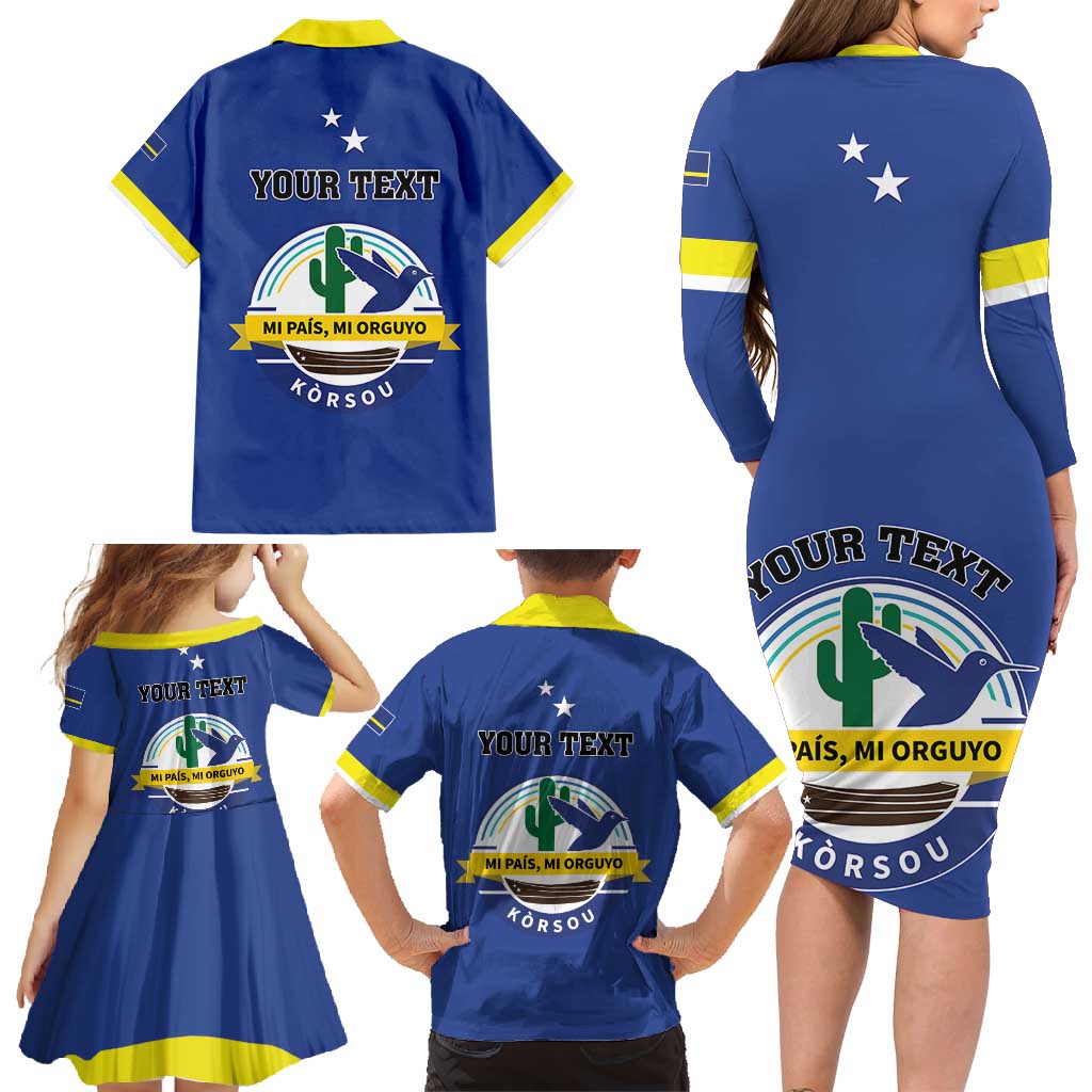 Personalised Curacao Family Matching Long Sleeve Bodycon Dress and Hawaiian Shirt Pais Korsou Coat of Arms