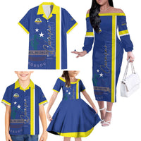 Personalised Curacao Family Matching Off The Shoulder Long Sleeve Dress and Hawaiian Shirt Pais Korsou Coat of Arms