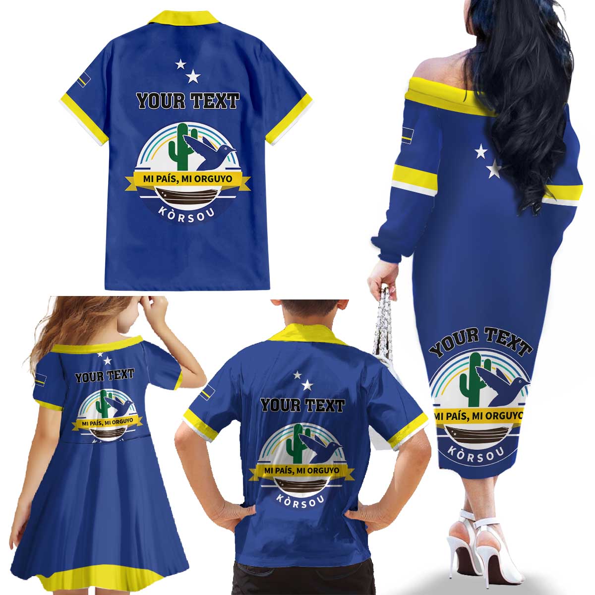 Personalised Curacao Family Matching Off The Shoulder Long Sleeve Dress and Hawaiian Shirt Pais Korsou Coat of Arms