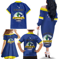 Personalised Curacao Family Matching Off The Shoulder Long Sleeve Dress and Hawaiian Shirt Pais Korsou Coat of Arms