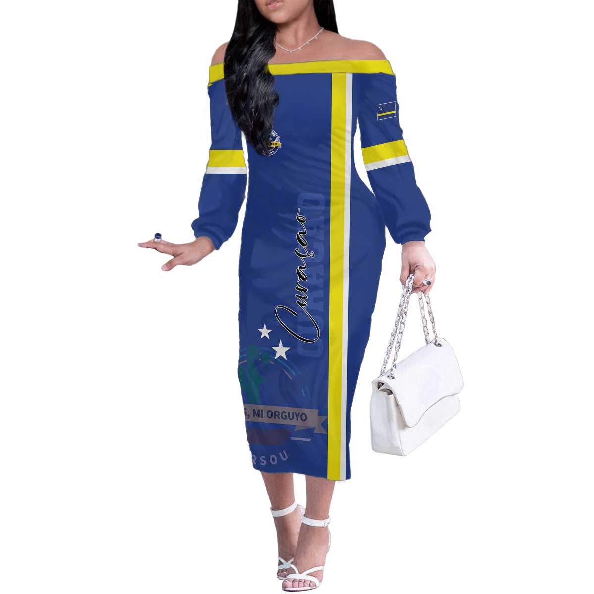 Personalised Curacao Family Matching Off The Shoulder Long Sleeve Dress and Hawaiian Shirt Pais Korsou Coat of Arms