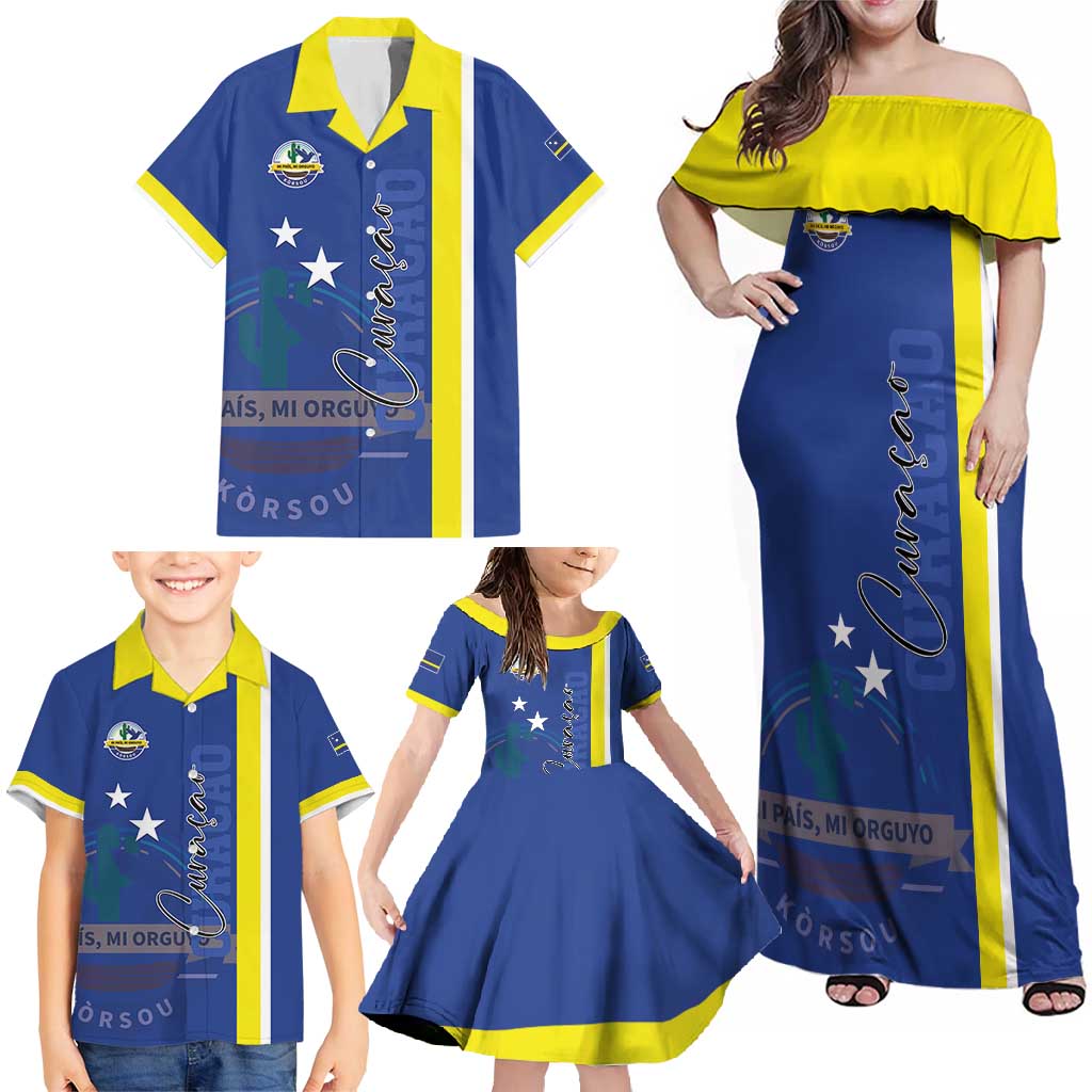 Personalised Curacao Family Matching Off Shoulder Maxi Dress and Hawaiian Shirt Pais Korsou Coat of Arms