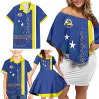 Personalised Curacao Family Matching Off Shoulder Short Dress and Hawaiian Shirt Pais Korsou Coat of Arms