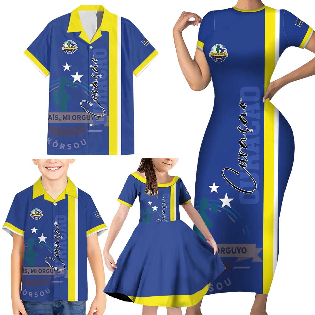 Personalised Curacao Family Matching Short Sleeve Bodycon Dress and Hawaiian Shirt Pais Korsou Coat of Arms