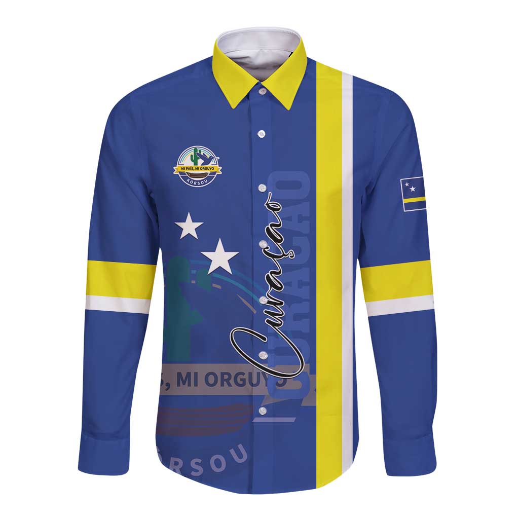 Personalised Curacao Long Sleeve Button Shirt Pais Korsou Coat of Arms