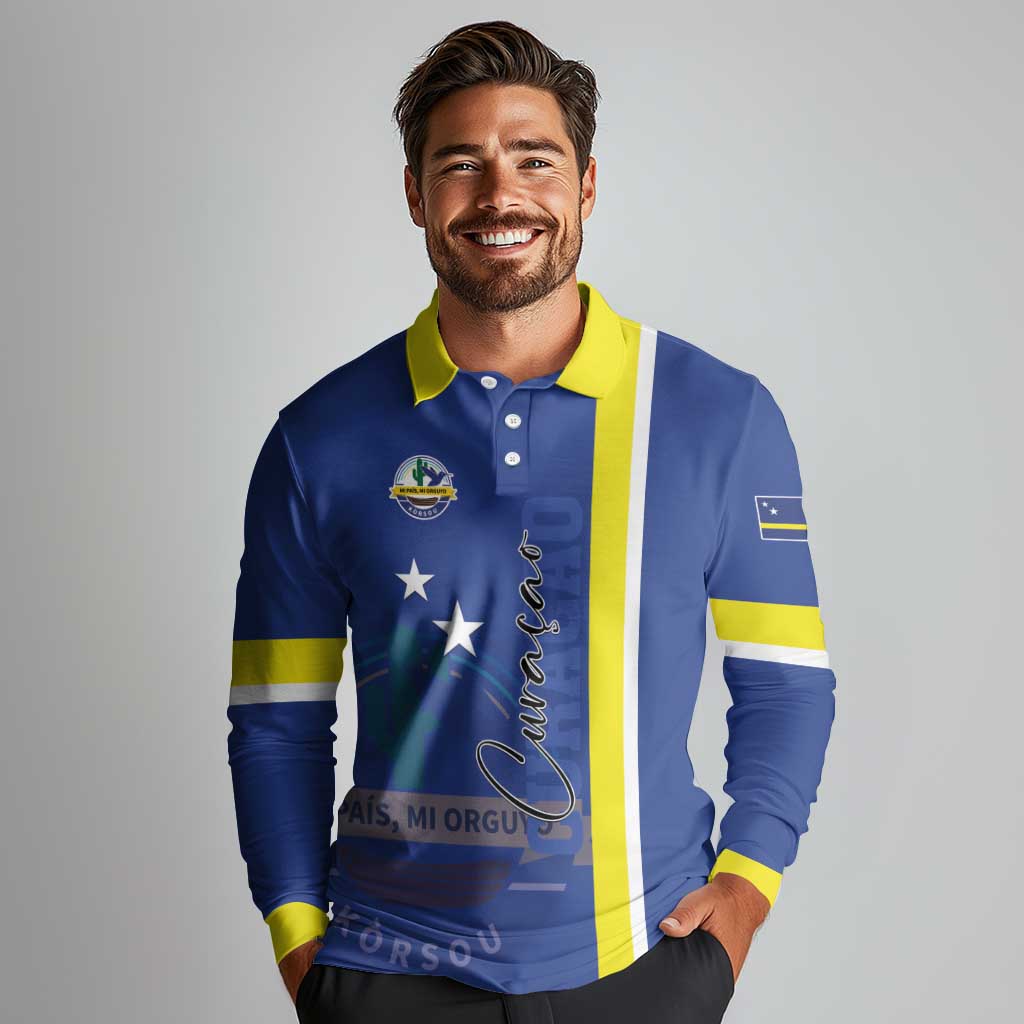 Personalised Curacao Long Sleeve Polo Shirt Pais Korsou Coat of Arms