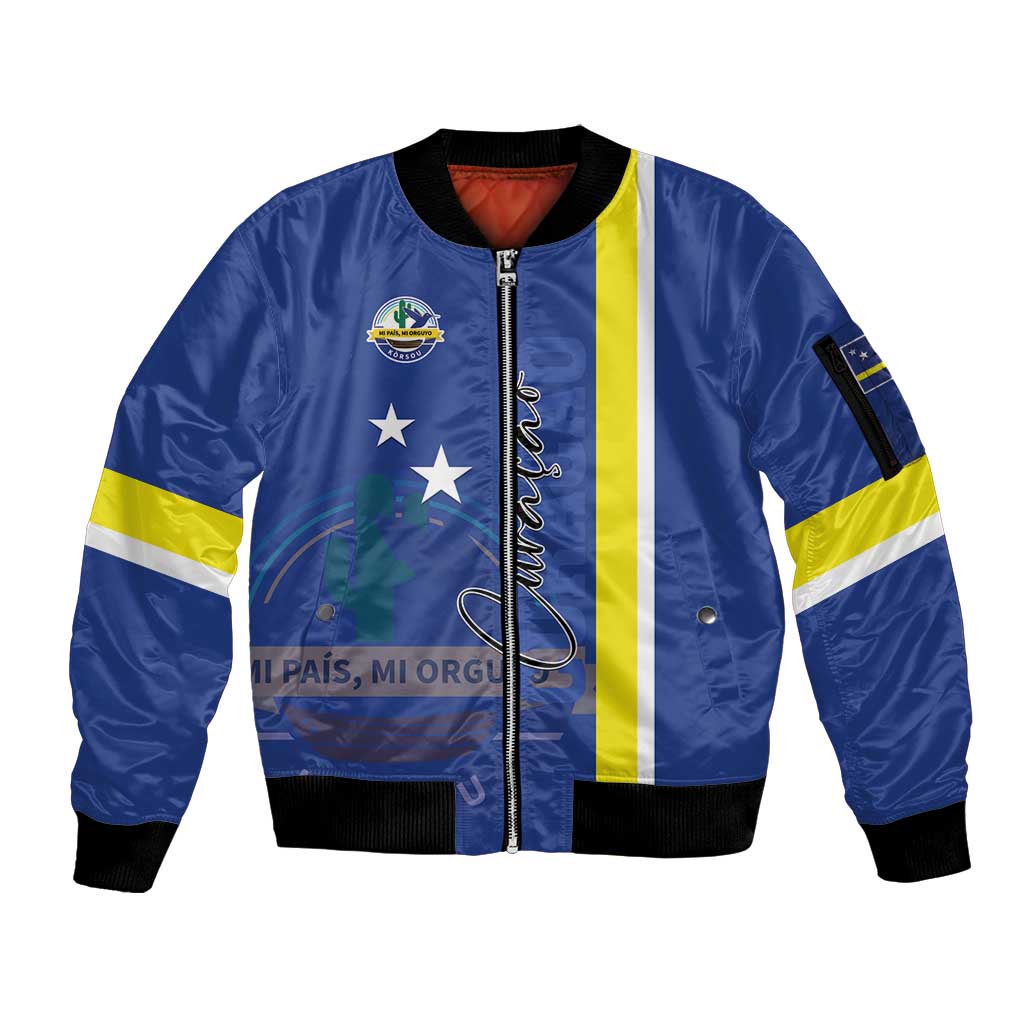 Personalised Curacao Sleeve Zip Bomber Jacket Pais Korsou Coat of Arms
