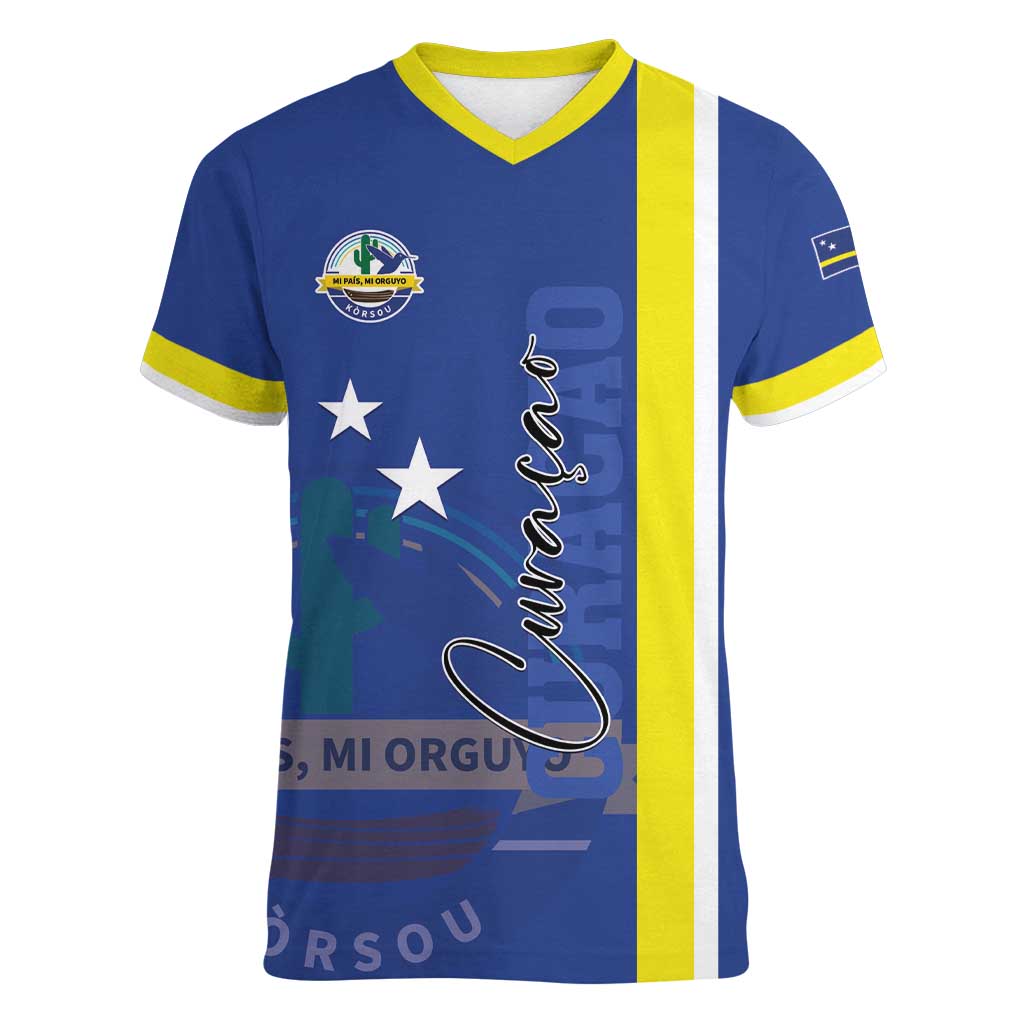 Personalised Curacao Women V-Neck T-Shirt Pais Korsou Coat of Arms