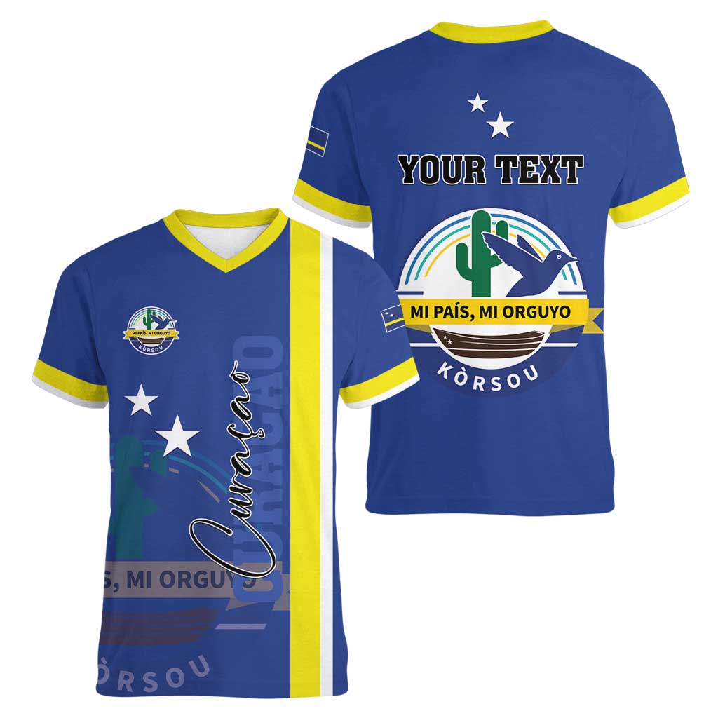 Personalised Curacao Women V-Neck T-Shirt Pais Korsou Coat of Arms