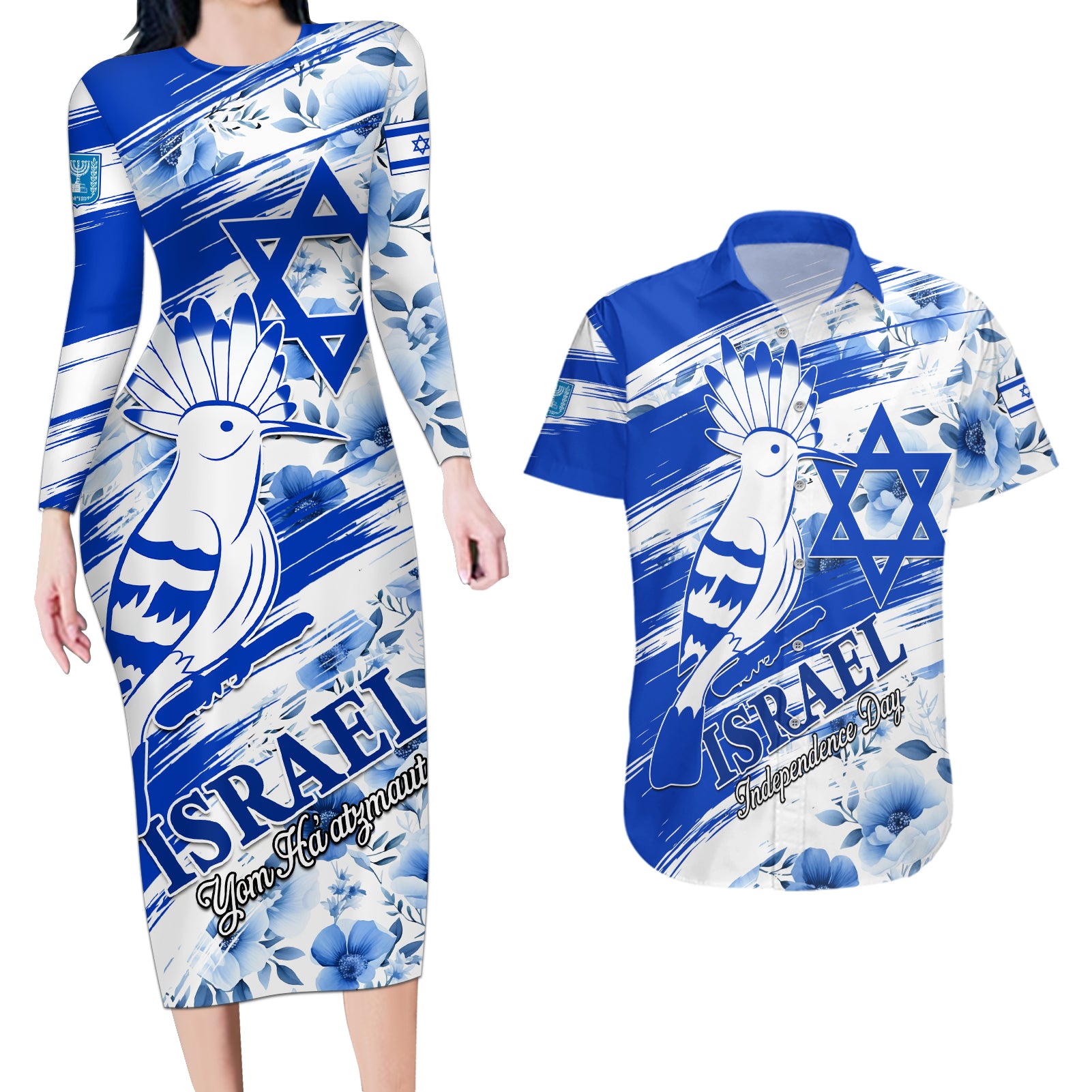 Israel Independence Day Couples Matching Long Sleeve Bodycon Dress and Hawaiian Shirt Hoopoe Bird With Magen David