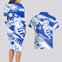Israel Independence Day Couples Matching Long Sleeve Bodycon Dress and Hawaiian Shirt Hoopoe Bird With Magen David - Wonder Print Shop