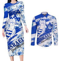 Israel Independence Day Couples Matching Long Sleeve Bodycon Dress and Long Sleeve Button Shirt Hoopoe Bird With Magen David LT01