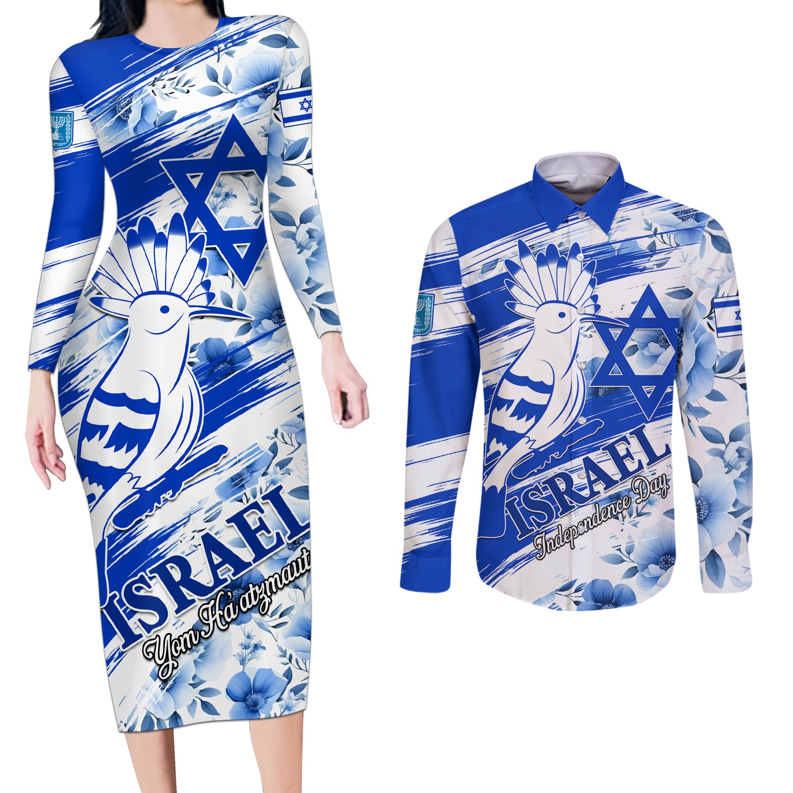 Israel Independence Day Couples Matching Long Sleeve Bodycon Dress and Long Sleeve Button Shirt Hoopoe Bird With Magen David